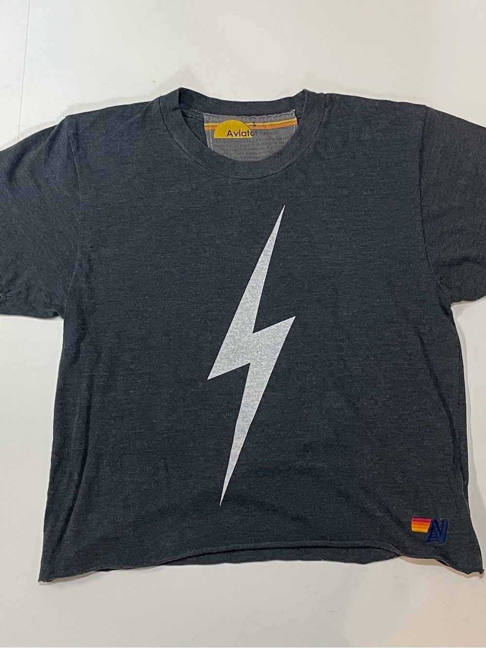 Aviator Nation Charcoal Boyfriend Crop Bolt Tee with White Lightning Bolt